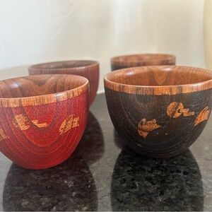 4 Vintage Japanese Handpainted Wood Miso Rice Bowls W/ Moon Rabbit Design